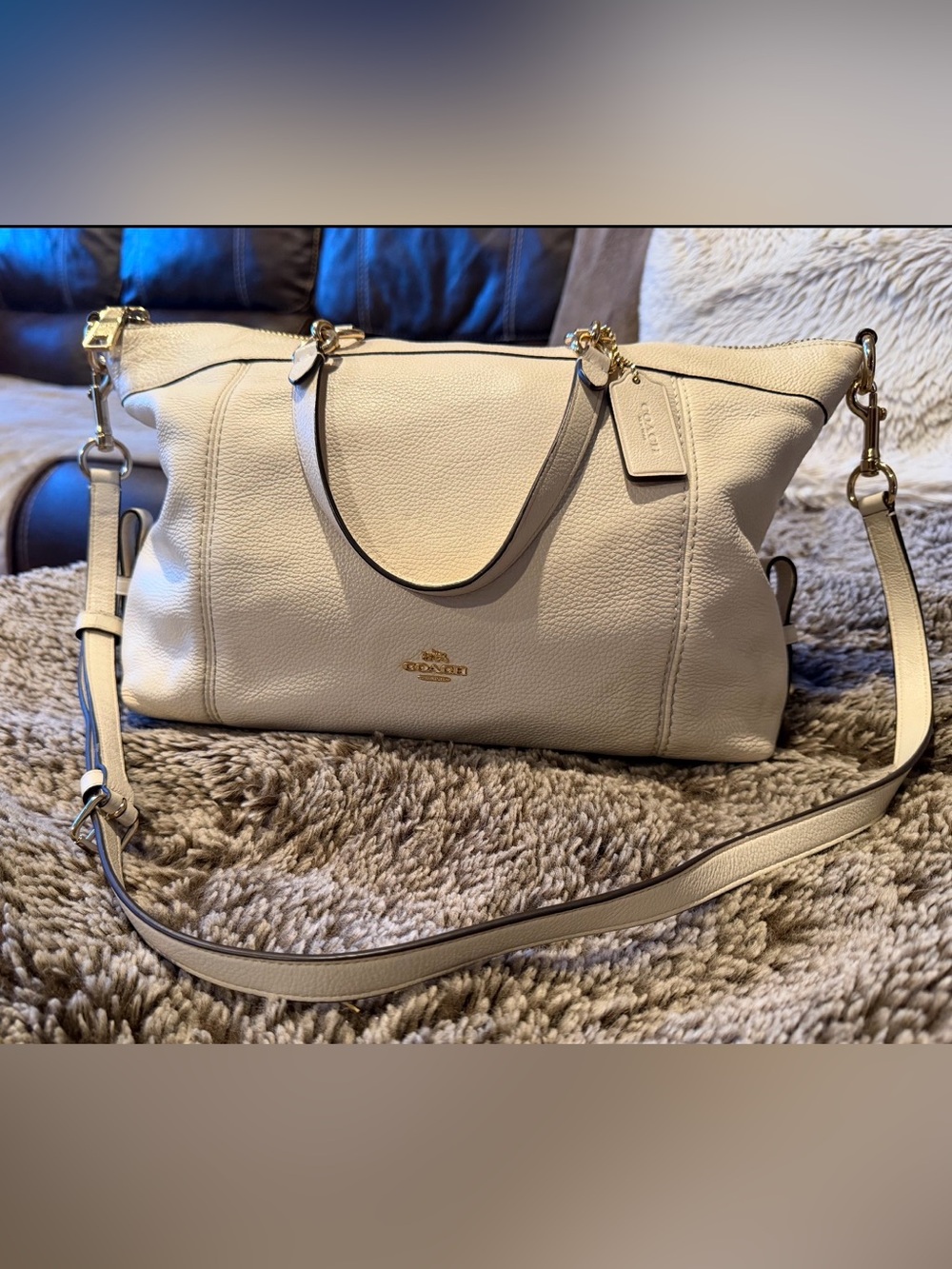 COACH Cream Pebbled Leather Satchel with Gold Hardware